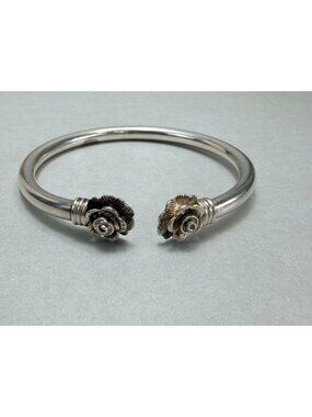 Vintage Silver Tone Open Cuff Bracelet Double Rose Floral Flexible Bangle